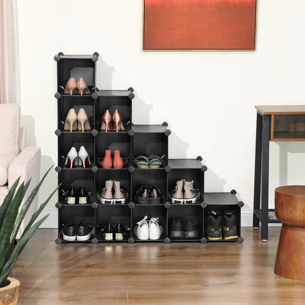 Plastikinė batų lentyna, 16 skyrių, juodos spalvos цена и информация | Batų spintelės, lentynos ir suolai | pigu.lt