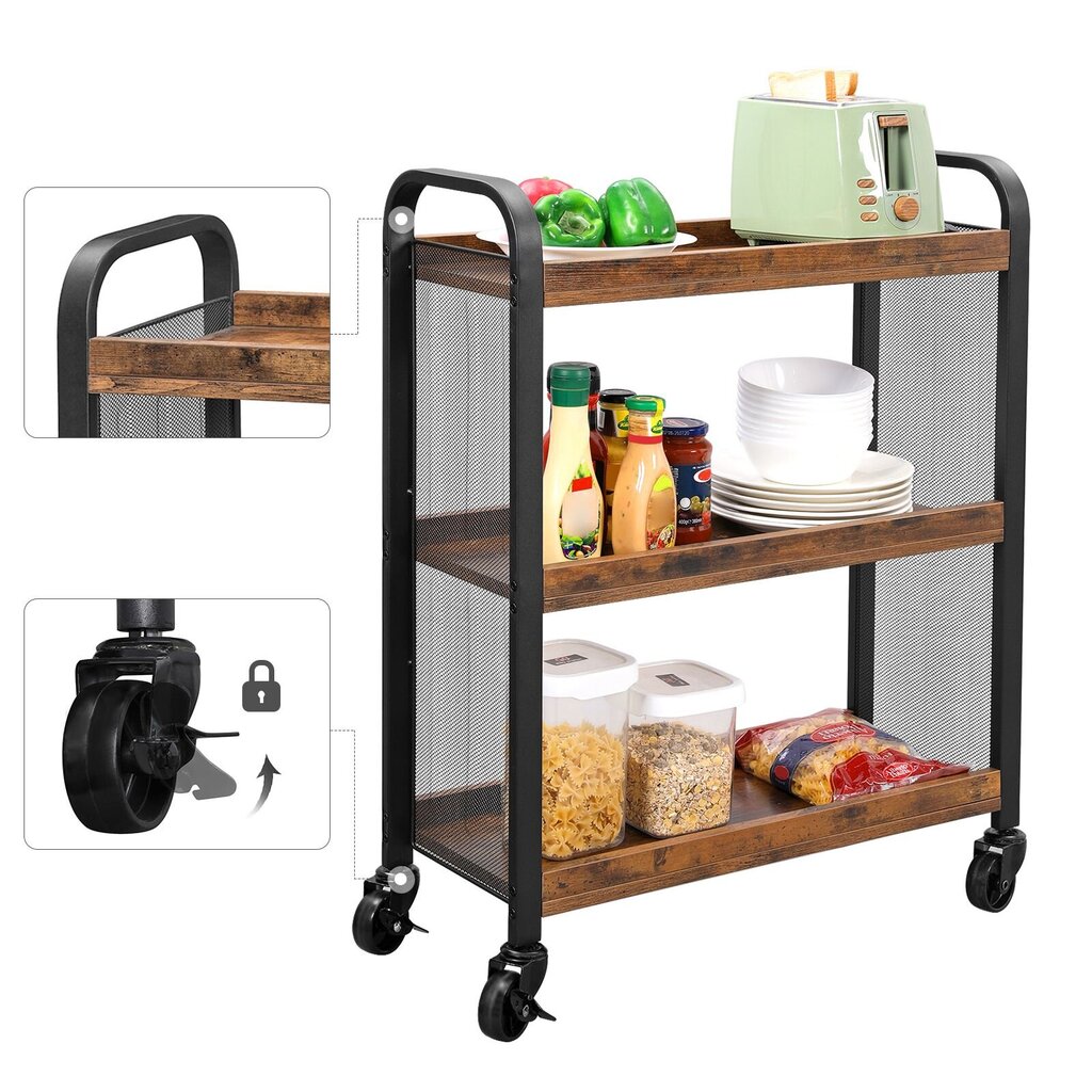 Virtuvinis vežimėlis ant ratukų LRC66BX, ruda/juoda kaina ir informacija | Virtuvinės spintelės | pigu.lt