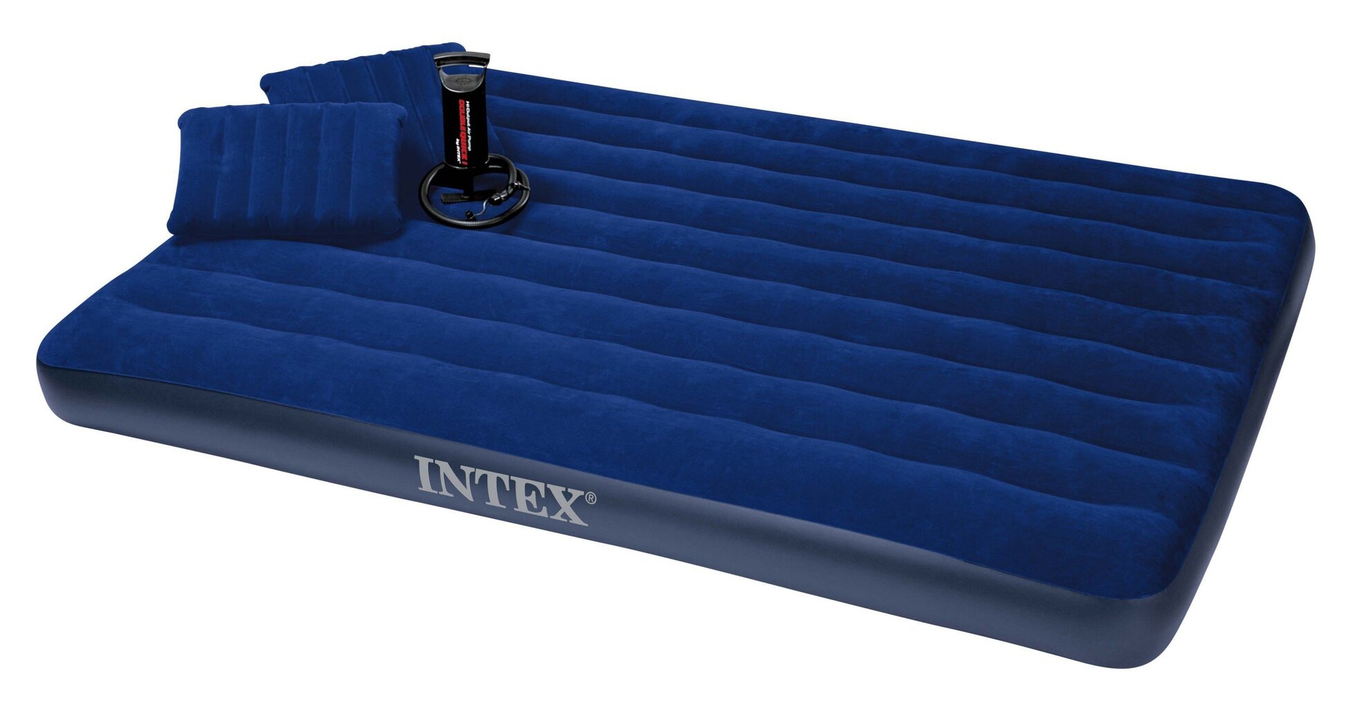 Pripučiamas čiužinys Intex Classic Downy Queen su dviem pagalvėlėmis ir pompa, 203x152x 22 cm цена и информация | Pripučiami čiužiniai ir baldai | pigu.lt