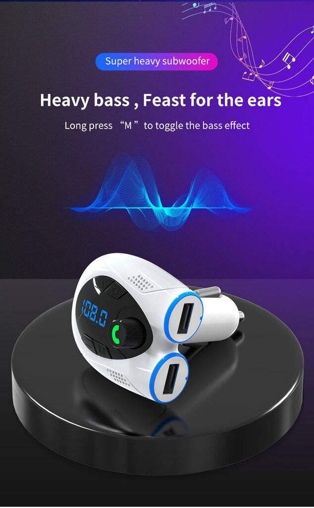 FM moduliatorius G68 Bluetooth 5.0,USB+USB-C, juoda kaina ir informacija | FM moduliatoriai | pigu.lt