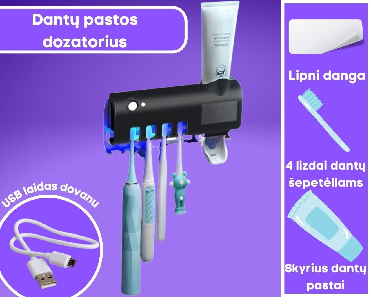 Dantų pastos dozatorius su UV šviesos dantų šepetėlio laikikliu. kaina ir informacija | Vonios kambario aksesuarai | pigu.lt