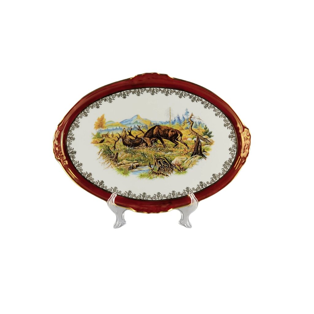 Porcelianinis serviravimo indas „Medžioklė“ (Elniai) raudonos spalvos iš Queens Crown. Dydis 36x25 cm. цена и информация | Indai, lėkštės, pietų servizai | pigu.lt