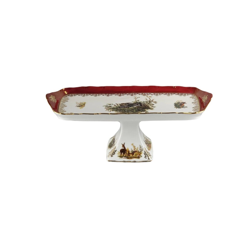 Porcelianinis serviravimo padėklas ant kojelės, „Medžioklė“ (zuikis) raudonos spalvos iš Queens Crown. Dydis 36 x 15 cm. kaina ir informacija | Indai, lėkštės, pietų servizai | pigu.lt