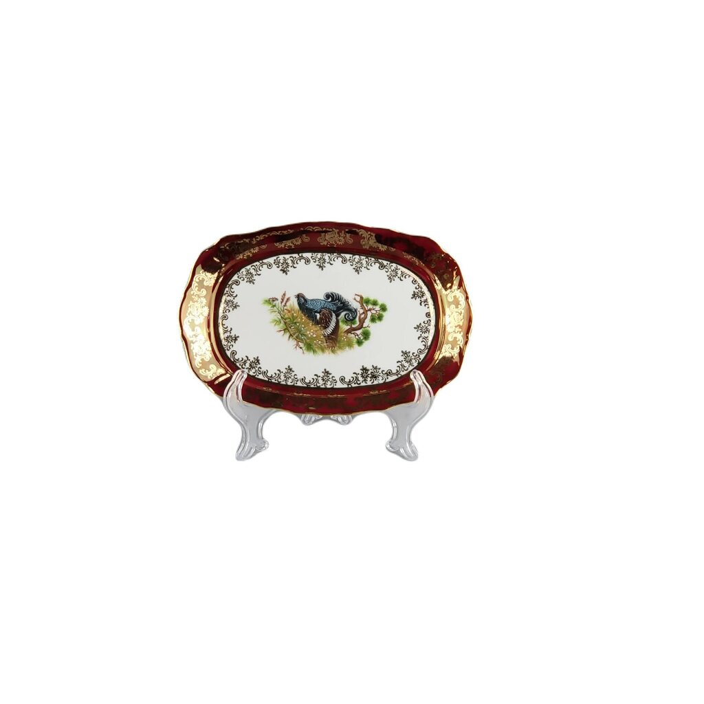 Mažas porcelianinis raudonos spalvos serviravimo padėklas „Medžioklė“ (tetervinas) iš Queens Crown. Dydis 21 x 14 cm. kaina ir informacija | Indai, lėkštės, pietų servizai | pigu.lt