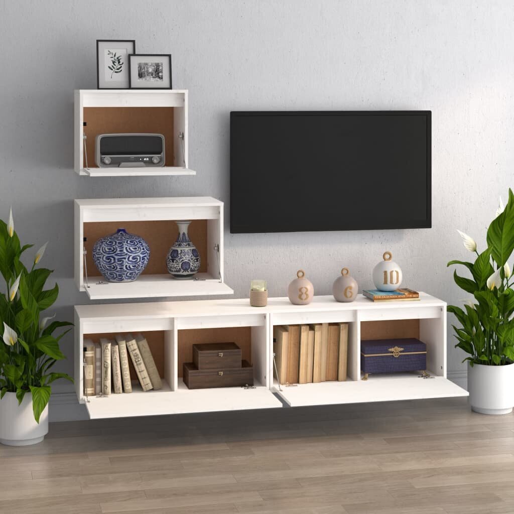vidaXL Televizoriaus spintelės, 4vnt., baltos, pušies medienos masyvas kaina ir informacija | TV staliukai | pigu.lt