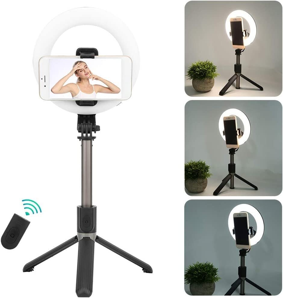 LED selfie lazda - stovas su žiedine lempa ir Bluetooth pultu kaina ir informacija | Asmenukių lazdos (selfie sticks) | pigu.lt