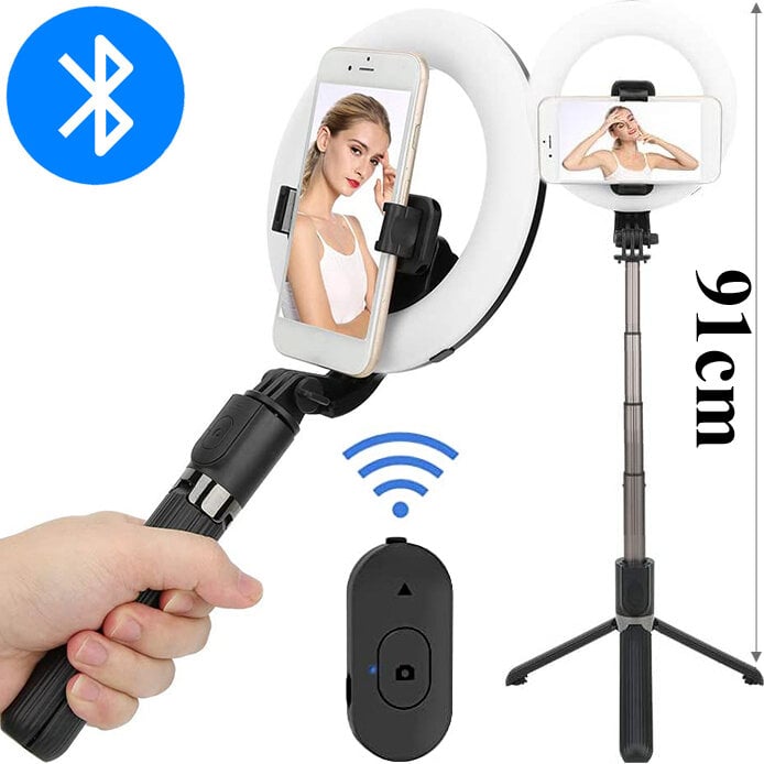 LED selfie lazda - stovas su žiedine lempa ir Bluetooth pultu цена и информация | Asmenukių lazdos (selfie sticks) | pigu.lt