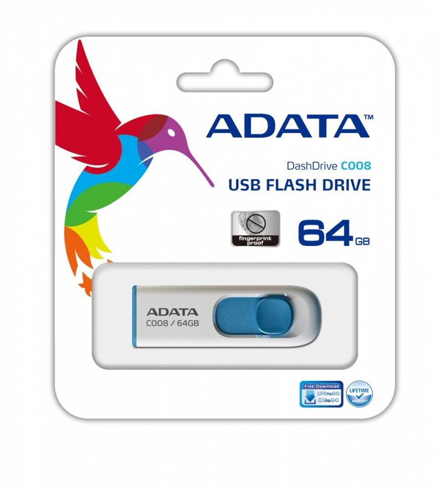 Atmintinė Adata Dashdrive C008 64GB, USB 2.0, Balta/Mėlyna kaina ir informacija | USB laikmenos | pigu.lt