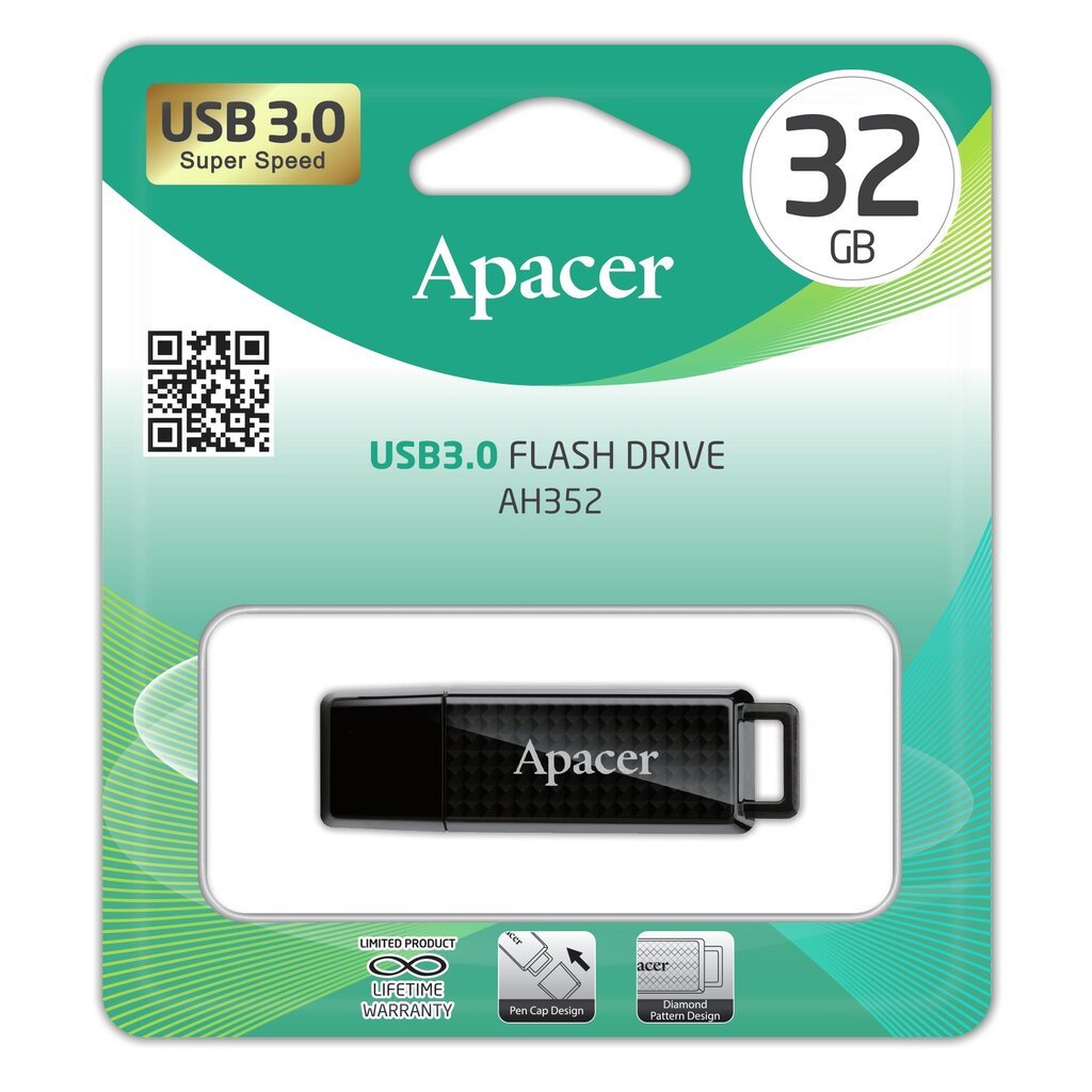 USB3.0 atmintinė APACER - Flash Drive AH352 32GB USB 3.0, Juoda kaina ir informacija | USB laikmenos | pigu.lt
