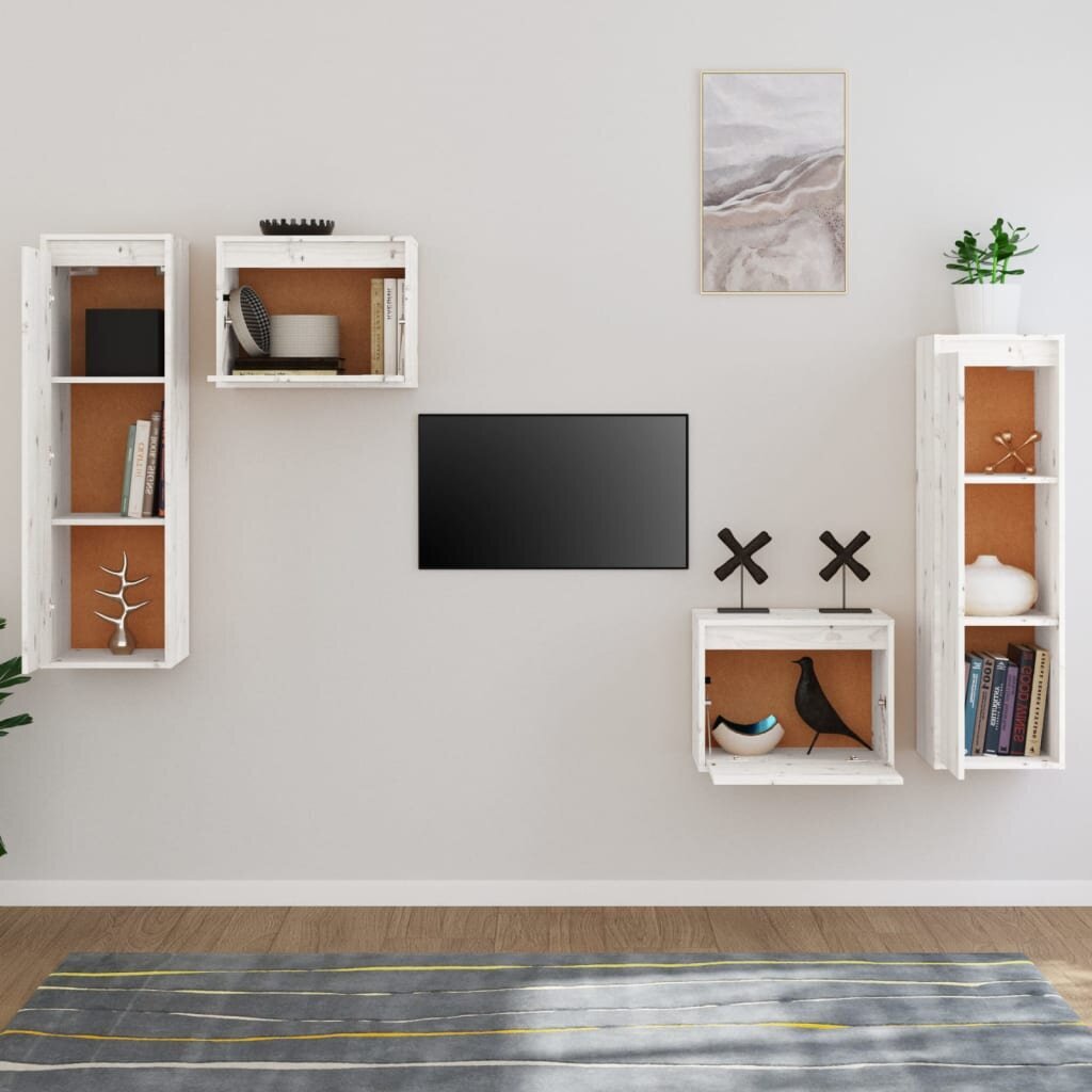 vidaXL Televizoriaus spintelės, 4vnt., baltos, pušies medienos masyvas kaina ir informacija | TV staliukai | pigu.lt