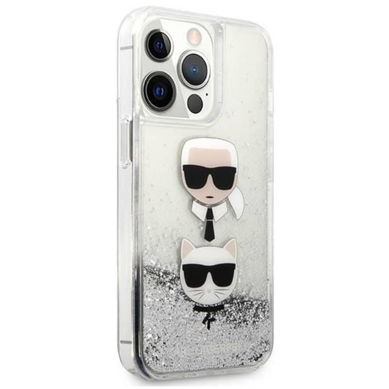 Karl Lagerfeld skysti blizgučiai Karl & Choupette Head dėklas, skirtas iPhone 13 Pro (sidabras) kaina ir informacija | Telefono dėklai | pigu.lt