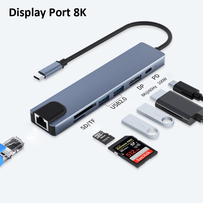 KUBAS 8in1 USB-C DisplayPort 8K 4K 144Hz RJ45 SD Zenwire kaina ir informacija | Adapteriai, USB šakotuvai | pigu.lt