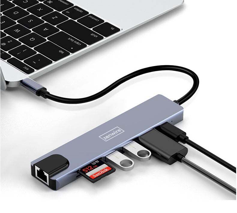 KUBAS 8in1 USB-C DisplayPort 8K 4K 144Hz RJ45 SD Zenwire kaina ir informacija | Adapteriai, USB šakotuvai | pigu.lt