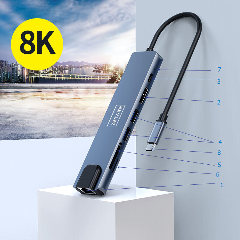 KUBAS 8in1 USB-C DisplayPort 8K 4K 144Hz RJ45 SD Zenwire kaina ir informacija | Adapteriai, USB šakotuvai | pigu.lt