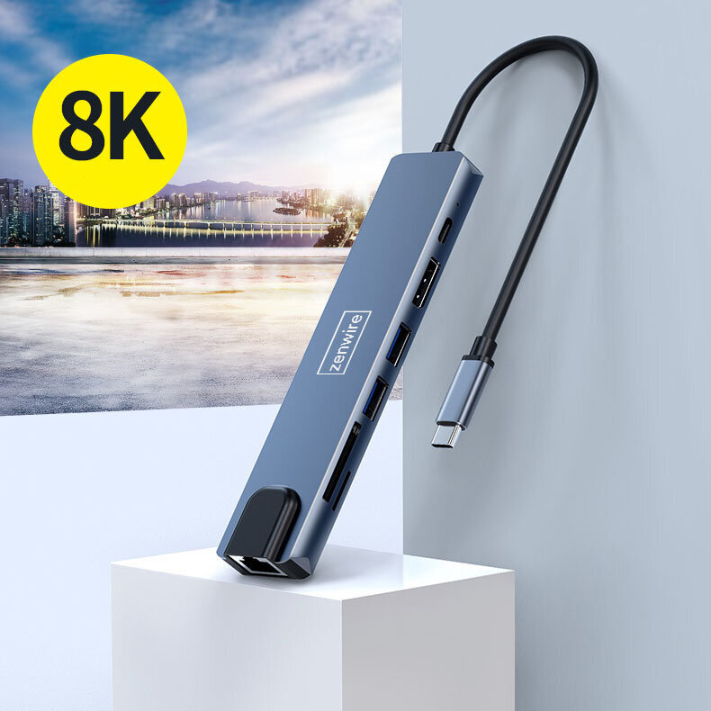 KUBAS 8in1 USB-C DisplayPort 8K 4K 144Hz RJ45 SD Zenwire kaina ir informacija | Adapteriai, USB šakotuvai | pigu.lt