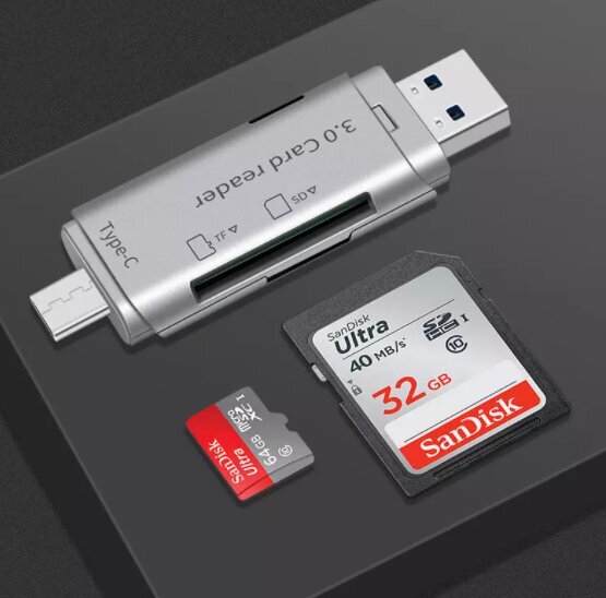 Kortelių skaitytuvas SD MicroSD TF USB 3.0 USB-C OTG 5Gb/s цена и информация | Atminties kortelės telefonams | pigu.lt