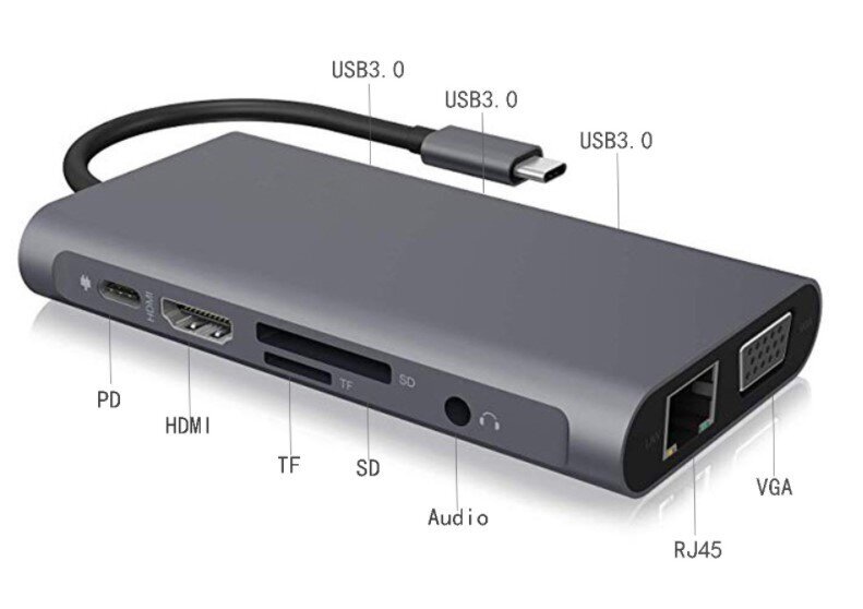 USB-C HUB 11in1 adapteris HDMI 4K VGA Gigabit Ethernet RJ45 lizdas SD mini Jack Macbook Pro/Air M1 Zenwire kaina ir informacija | Adapteriai, USB šakotuvai | pigu.lt