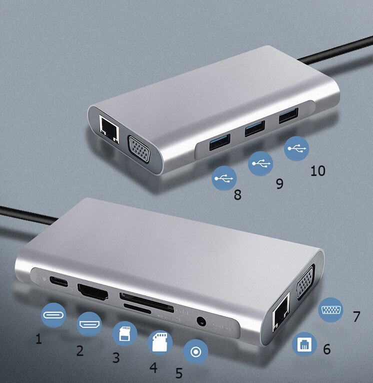 USB-C HUB 11in1 adapteris HDMI 4K VGA Gigabit Ethernet RJ45 lizdas SD mini Jack Macbook Pro/Air M1 Zenwire цена и информация | Adapteriai, USB šakotuvai | pigu.lt