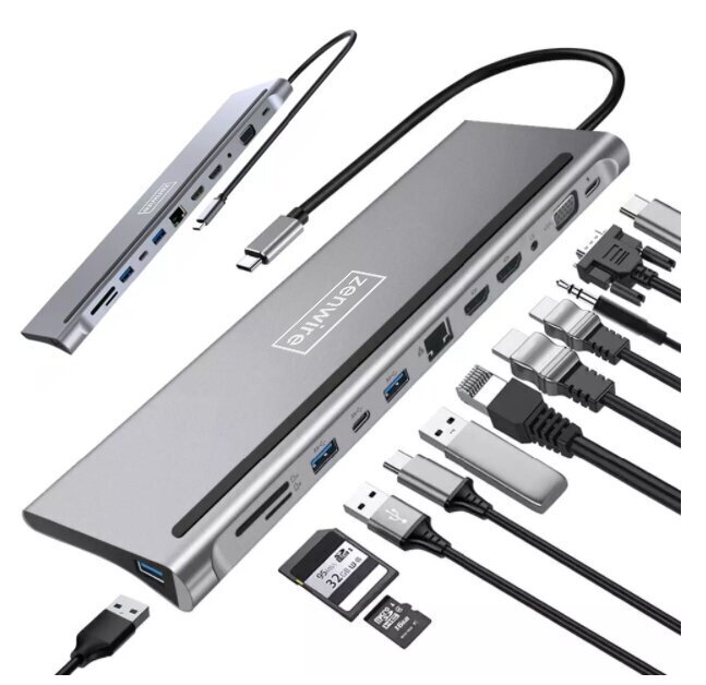 DOCKING STACIJA USB-C HUB 12in1 Ethernet RJ45 2x HDMI 4K USB 3.0 Macbook Pro Air M1 Zenwire kaina ir informacija | Adapteriai, USB šakotuvai | pigu.lt