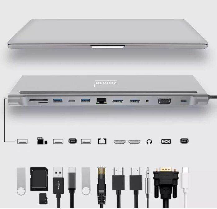 DOCKING STACIJA USB-C HUB 12in1 Ethernet RJ45 2x HDMI 4K USB 3.0 Macbook Pro Air M1 Zenwire цена и информация | Adapteriai, USB šakotuvai | pigu.lt