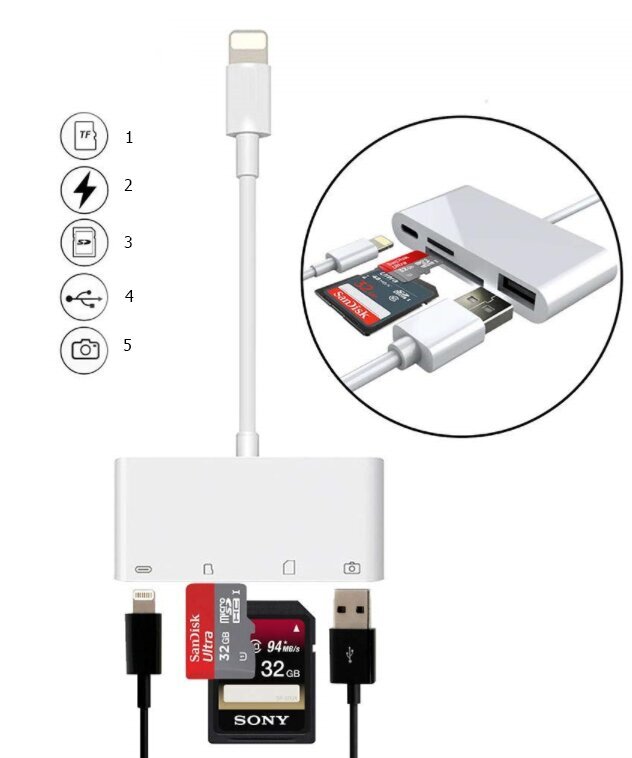 Lightning kortelių skaitytuvas micro SD USB iPhone kaina ir informacija | Adapteriai, USB šakotuvai | pigu.lt