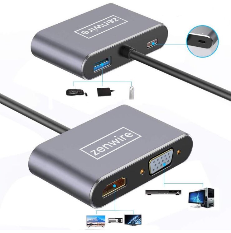 USB-C 4W1 USB-C 4W1 HDMI 4K VGA USB Zenwire цена и информация | Adapteriai, USB šakotuvai | pigu.lt