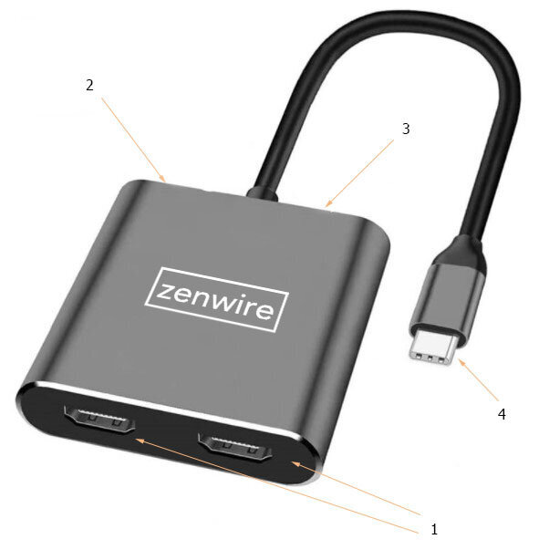 USB-C 4W1 adapterio šakotuvas 2x HDMI 4K USB Zenwire kaina ir informacija | Adapteriai, USB šakotuvai | pigu.lt