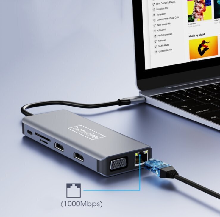 Adapteris HUB 12in1 USB-C 2x HDMI VGA USB lizdas SD LAN kaina ir informacija | Adapteriai, USB šakotuvai | pigu.lt