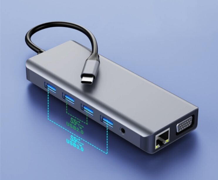 Adapteris HUB 12in1 USB-C 2x HDMI VGA USB lizdas SD LAN kaina ir informacija | Adapteriai, USB šakotuvai | pigu.lt