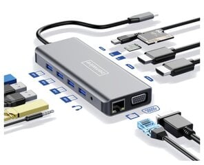 Adapteris HUB 12in1 USB-C 2x HDMI VGA USB lizdas SD LAN kaina ir informacija | Zenwire Kompiuterinė technika | pigu.lt
