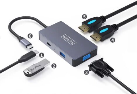 Adapteris HUB 5W1 USB-C 2x HDMI 4K VGA USB 3.0 PD ZW Macbook Pro M1 kaina ir informacija | Adapteriai, USB šakotuvai | pigu.lt
