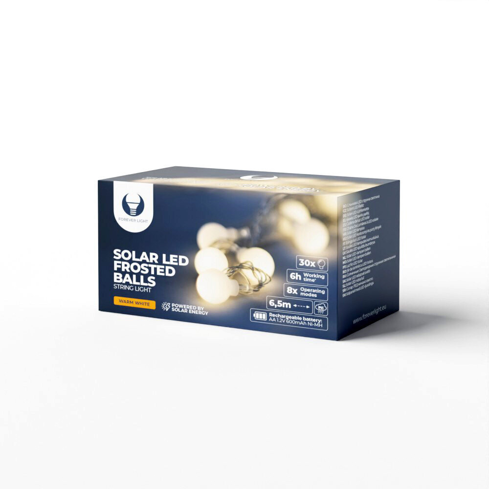 Pasikraunančios nuo saulės lemputės LED Frosted Balls SFB61 6,5m Forever Light, 30 kamuoliukų, šiltos baltos tono kaina ir informacija | Girliandos | pigu.lt