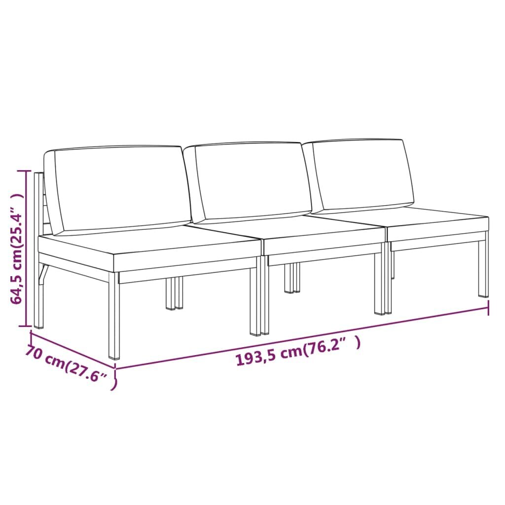 vidaXL Trivietė sodo sofa su pagalvėlėmis, antracito, aliuminis kaina ir informacija | Lauko baldų komplektai | pigu.lt