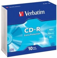 "verbatim cd-r", 43415, 10 шт, 700 мб, 52x, 80 мин., 12 см, без печати, тонкий бокс, промо, для архивации данных цена и информация | Виниловые пластинки, CD, DVD | pigu.lt