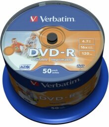 Matricas DVD-R AZO Verbatim 4.7GB 16x Wide Printable non ID,50 Pack Spindle цена и информация | Vinilinės plokštelės, CD, DVD | pigu.lt