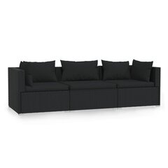 vidaXL Trivietė sofa su pagalvėlėmis, juodos spalvos, poliratanas цена и информация | Садовые стулья, кресла, пуфы | pigu.lt