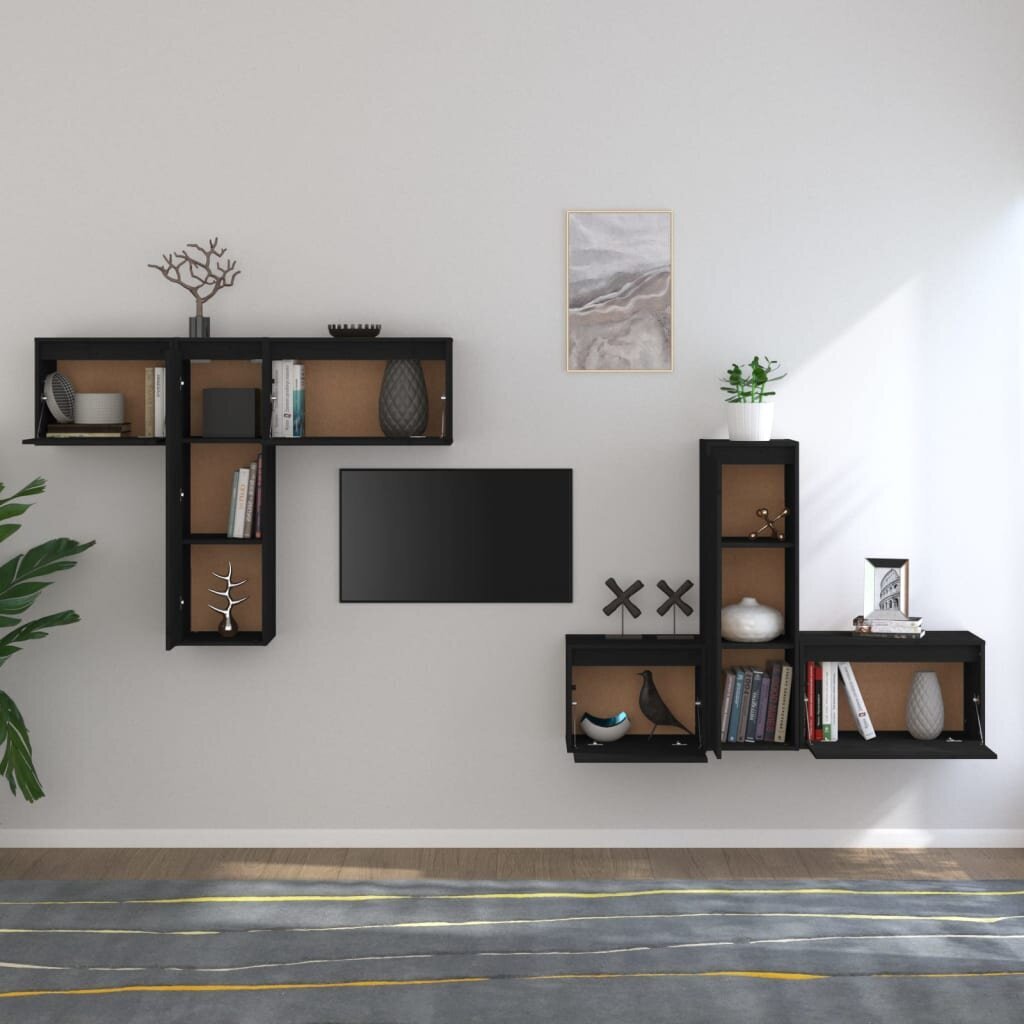 vidaXL Televizoriaus spintelės, 6vnt., juodos, pušies medienos masyvas kaina ir informacija | TV staliukai | pigu.lt