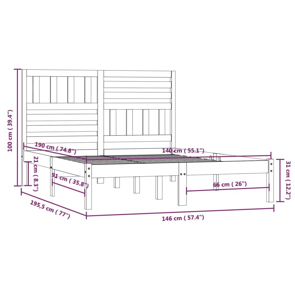 vidaXL Lovos rėmas, baltos spalvos, 140x190cm, pušies medienos masyvas kaina ir informacija | Lovos | pigu.lt