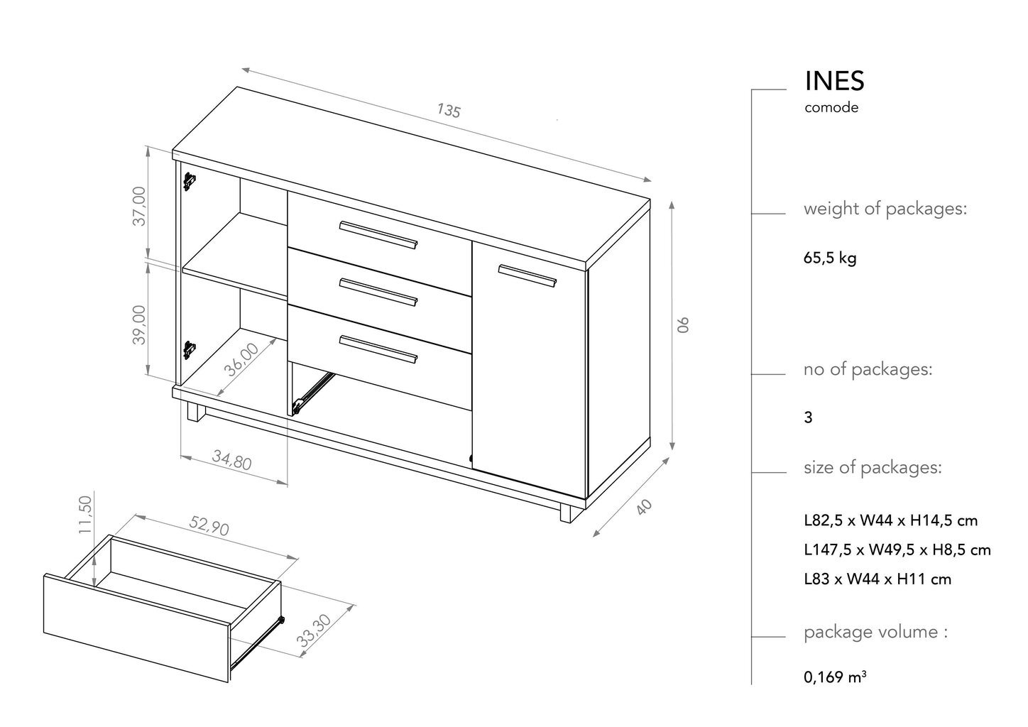 Komoda BSL Concept Ines, 135x40x90 cm, ruda kaina ir informacija | Komodos | pigu.lt