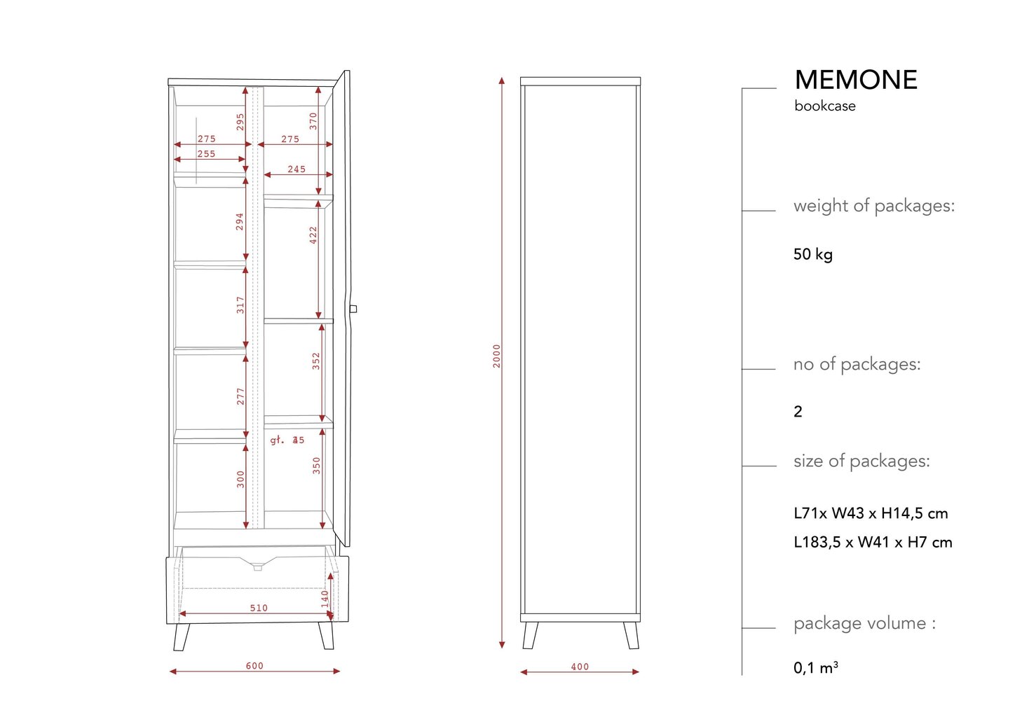 Pastatoma lentyna BSL Concept Memone, 60x40x200 cm, juoda kaina ir informacija | Lentynos | pigu.lt