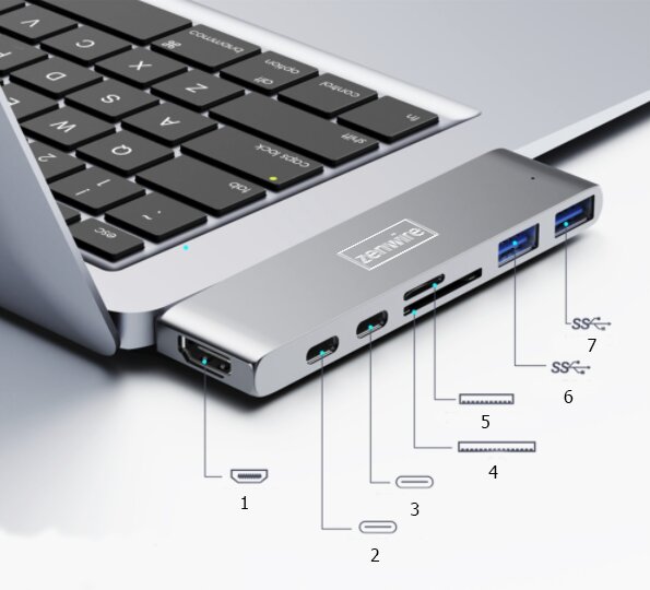 Adapteris 7in1 HUB USB-C HDMI 4K 2x USB 3.0 Thunderbolt 3.0 micro SD SD  Macbook Pro, Air M1 M2 kaina | pigu.lt