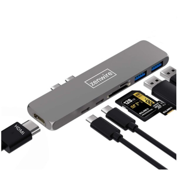 Adapteris 7in1 HUB USB-C HDMI 4K 2x USB 3.0 Thunderbolt 3.0 micro SD SD  Macbook Pro, Air M1 M2 kaina | pigu.lt