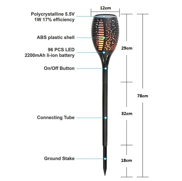 Lauko/sodo žibintas Airi, Torch, 96 diodų su saulės baterija, 2200 mAh, 78cm kaina ir informacija | Lauko šviestuvai | pigu.lt