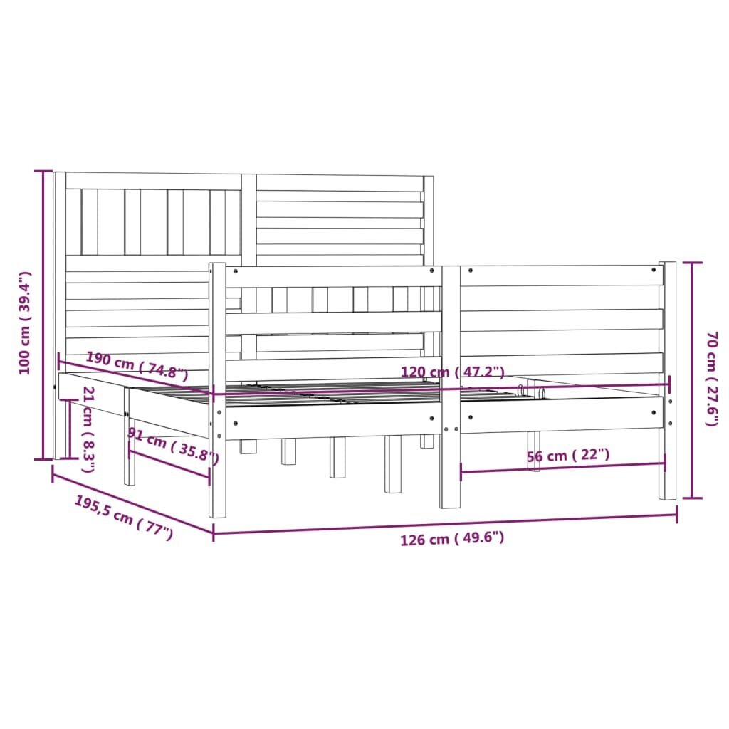 vidaXL Lovos rėmas, medaus rudas, 120x190cm, mediena, dvivietis kaina ir informacija | Lovos | pigu.lt