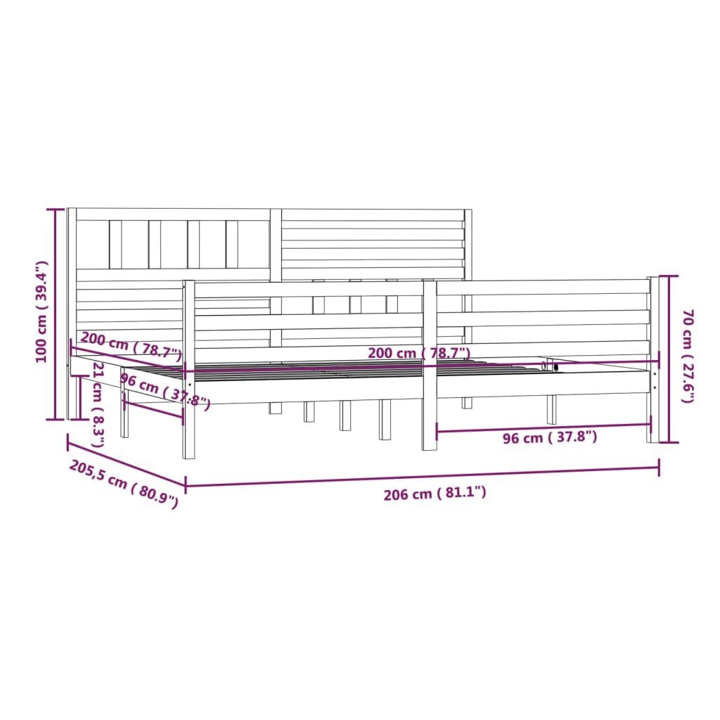 vidaXL Lovos rėmas, baltos spalvos, 200x200cm, medienos masyvas kaina ir informacija | Lovos | pigu.lt