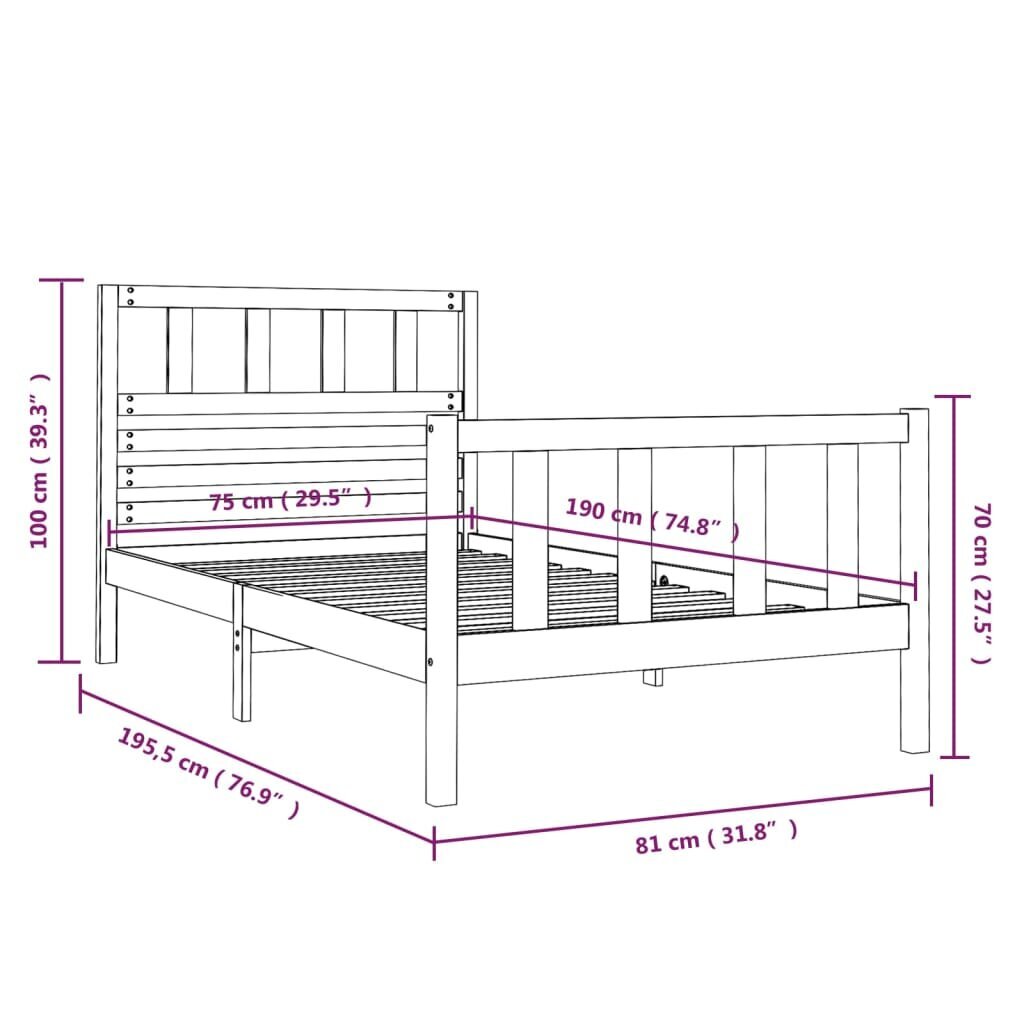 vidaXL Lovos rėmas, 75x190cm, medienos masyvas, vienvietis kaina ir informacija | Lovos | pigu.lt