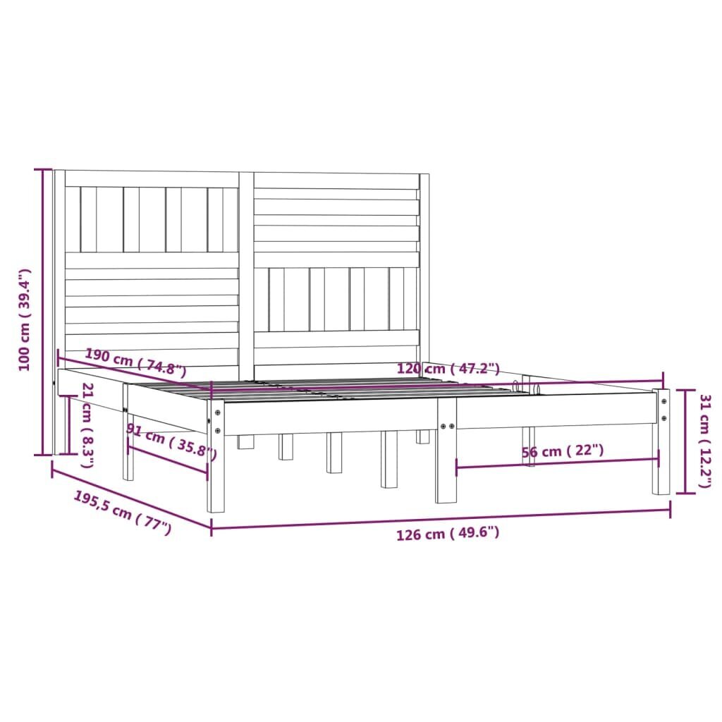 vidaXL Lovos rėmas, medaus rudas, 120x190cm, pušies masyvas, dvivietis kaina ir informacija | Lovos | pigu.lt