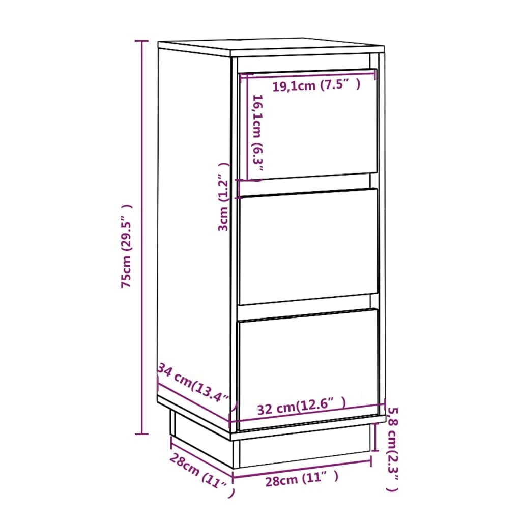 vidaXL Šoninės spintelės, 2vnt., baltos, 32x34x75cm, pušies masyvas kaina ir informacija | Svetainės spintelės | pigu.lt