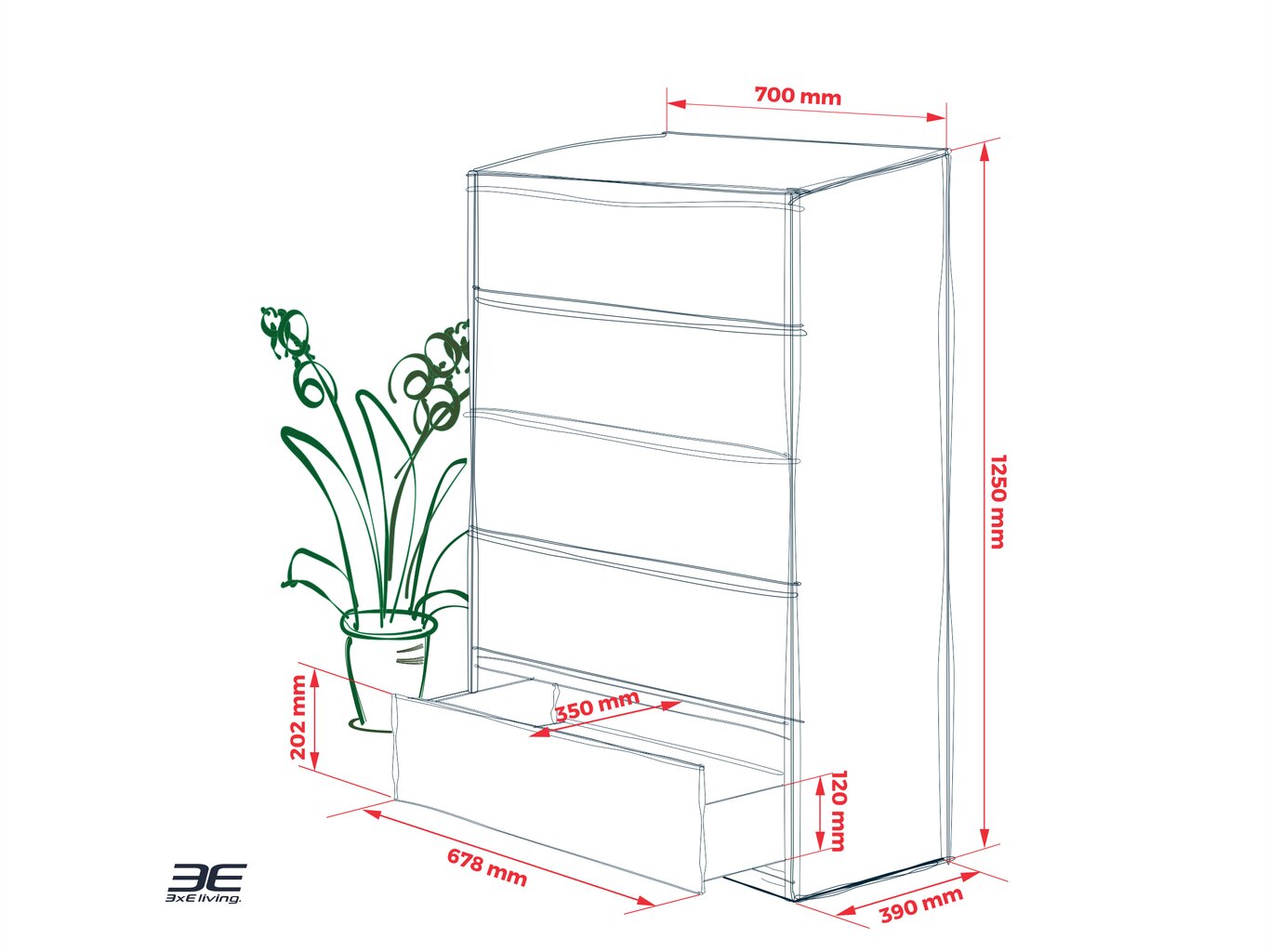 Komoda 3xEliving DEMI su 5 stalčiais, 70 cm, spalva: Baltas/baltas blizgesys цена и информация | Komodos | pigu.lt