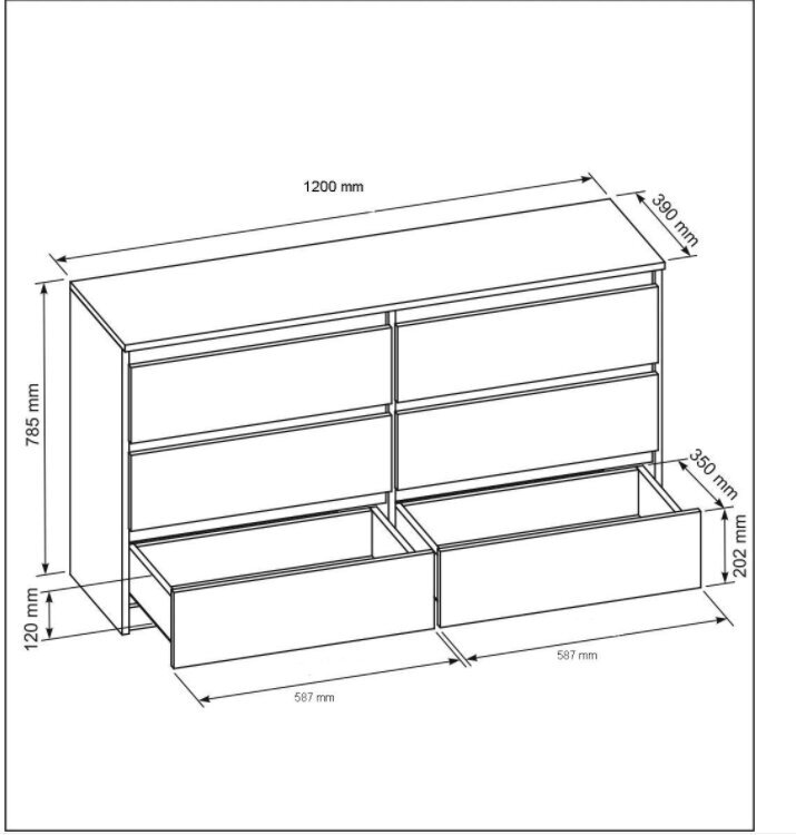 Komoda 3xEliving DEMI su 6 stalčiais, 120 cm, spalva: Baltas/baltas blizgesys kaina ir informacija | Komodos | pigu.lt